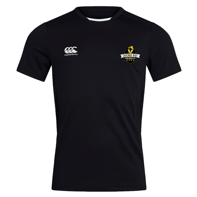 The Chicago Riot Club Dry Tee by EMB Canterbury is a black short-sleeve athletic shirt with Vapodri Technology, featuring the Canterbury logo on the right chest and Chicago Riot badge on the left to keep you cool and dry.