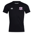 Western Carolina University Club Dry Tee by Canterbury in black, featuring a white logo on the right chest and a purple and white Western Carolina Rugby crest on the left chest.
