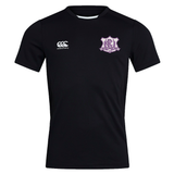 Western Carolina University Club Dry Tee by Canterbury in black, featuring a white logo on the right chest and a purple and white Western Carolina Rugby crest on the left chest.