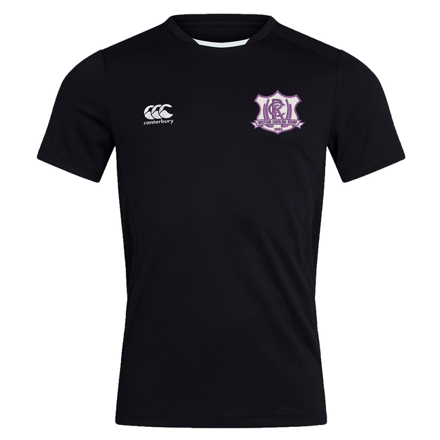 Western Carolina University Club Dry Tee by Canterbury in black, featuring a white logo on the right chest and a purple and white Western Carolina Rugby crest on the left chest.