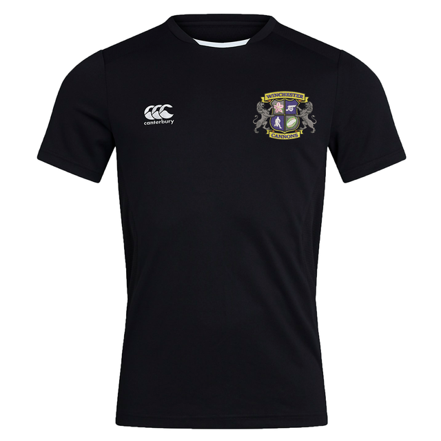 The Winchester Cannons Club Dry Tee by EMB Canterbury is a black short-sleeve sports jersey featuring a left chest crest, white Canterbury logo on the right, and Vapodri Technology for superior moisture wicking to keep you cool during intense workouts.