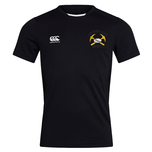 Black Mother Lode Club Dry Tee by Canterbury athletic shirt with a logo on the chest featuring two crossed pickaxes and a rugby ball with the text “Mother Lode Rugby.”