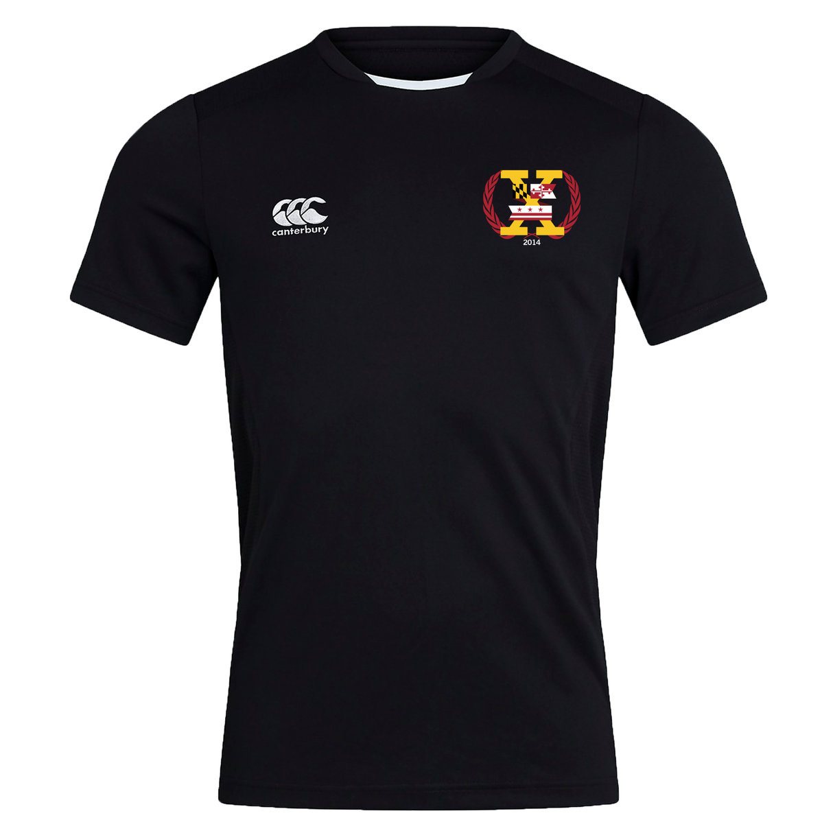 A black short-sleeved Potomac Exiles Rugby Club Club Dry Tee by EMB Canterbury, featuring a white Canterbury logo on the right chest, a red and gold Potomac Exiles crest on the left chest, and Vapodri Technology to help keep you dry during intense training sessions.