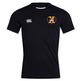 A black short-sleeved Potomac Exiles Rugby Club Club Dry Tee by EMB Canterbury, featuring a white Canterbury logo on the right chest, a red and gold Potomac Exiles crest on the left chest, and Vapodri Technology to help keep you dry during intense training sessions.