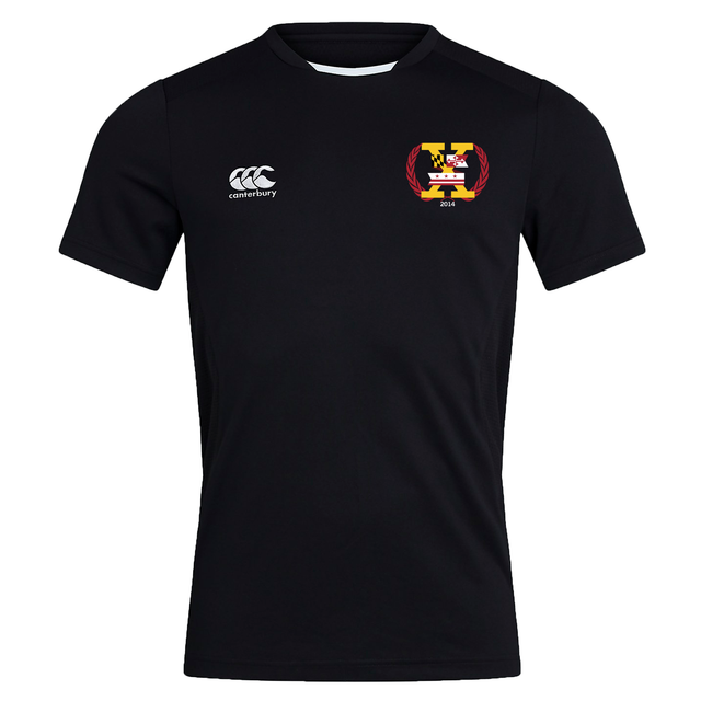 A black short-sleeved Potomac Exiles Rugby Club Club Dry Tee by EMB Canterbury, featuring a white Canterbury logo on the right chest, a red and gold Potomac Exiles crest on the left chest, and Vapodri Technology to help keep you dry during intense training sessions.
