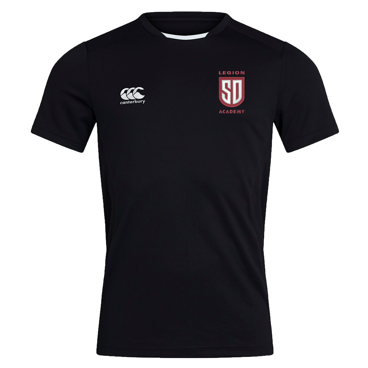 Black short-sleeved Legion Academy Club Dry Tee by Canterbury with a logo on the left chest and the text “Legion Academy SD” on the right chest.