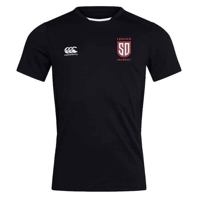 Black short-sleeved Legion Academy Club Dry Tee by Canterbury with a logo on the left chest and the text “Legion Academy SD” on the right chest.