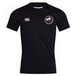The Society of Iowa Rugby Referees Club Dry Tee by Canterbury is a black short-sleeve athletic shirt from EMB Canterbury, featuring a white Canterbury logo on the right chest and a round floral emblem on the left chest. Made with breathable Vapodri Technology, it keeps you cool and comfortable during every workout.