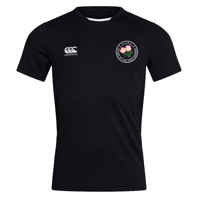 The Society of Iowa Rugby Referees Club Dry Tee by Canterbury is a black short-sleeve athletic shirt from EMB Canterbury, featuring a white Canterbury logo on the right chest and a round floral emblem on the left chest. Made with breathable Vapodri Technology, it keeps you cool and comfortable during every workout.