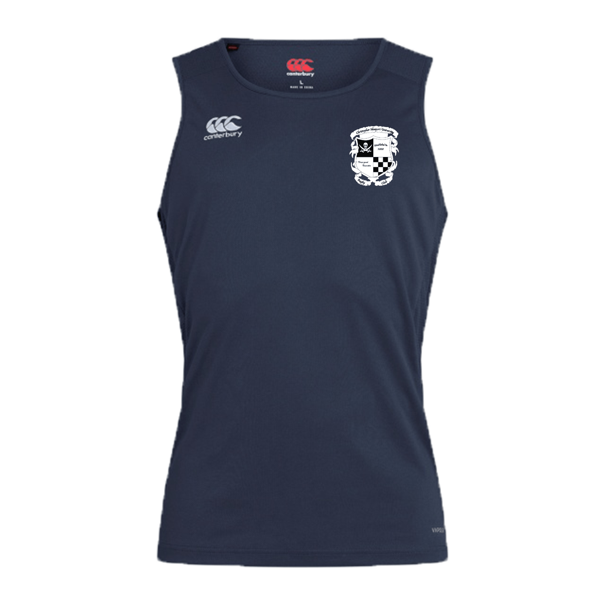 Navy blue sleeveless EMB Canterbury Rugby Football Club at Christopher Newport University Club Dry singlet with an EMB Canterbury logo on the right chest and a small white shield logo on the left, featuring Vapodri Technology.