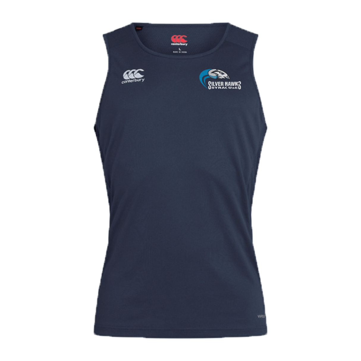 Navy blue sleeveless sports tank top featuring the "Silver Hawks SkyPark World" logo and Canterbury brand logo on the front. Engineered with Vapodri Technology, this quick-drying Syracuse Silver Hawks Club Dry Singlet by EMB Canterbury ensures optimal performance and comfort during your workouts.