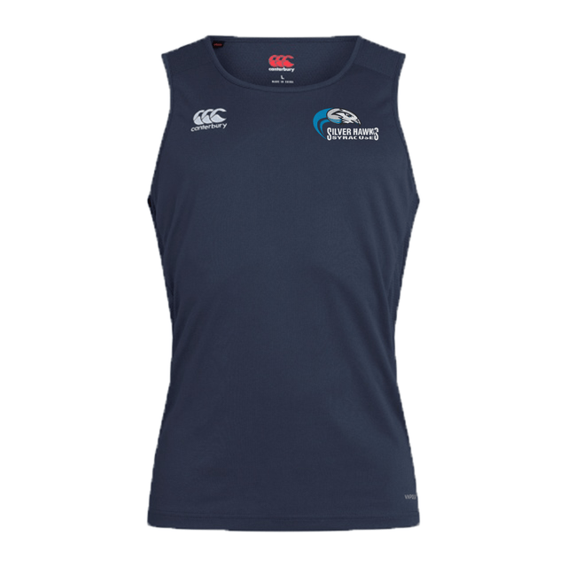 Navy blue sleeveless sports tank top featuring the "Silver Hawks SkyPark World" logo and Canterbury brand logo on the front. Engineered with Vapodri Technology, this quick-drying Syracuse Silver Hawks Club Dry Singlet by EMB Canterbury ensures optimal performance and comfort during your workouts.