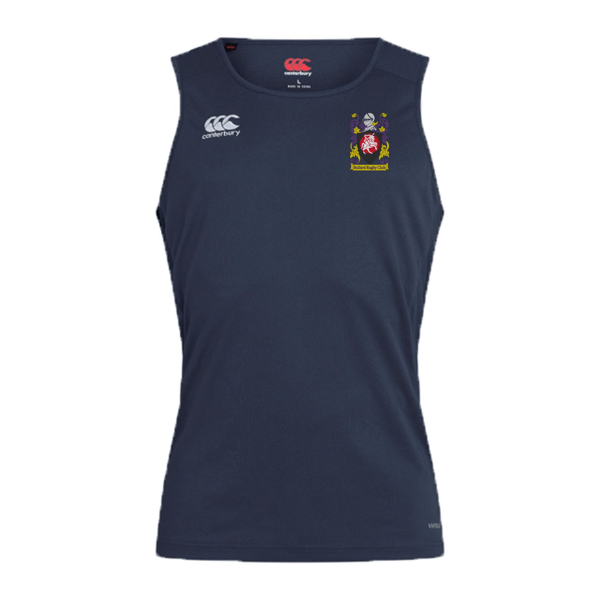 The Bullard Rugby Club Dry Singlet by EMB Canterbury is a navy blue sleeveless sports top, showcasing a white Canterbury logo on the chest and a vibrant crest on the right side. Featuring Vapodri Technology, it is designed for optimal performance, making it perfect athletic gear for active individuals.
