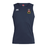 The Bullard Rugby Club Dry Singlet by EMB Canterbury is a navy blue sleeveless sports top, showcasing a white Canterbury logo on the chest and a vibrant crest on the right side. Featuring Vapodri Technology, it is designed for optimal performance, making it perfect athletic gear for active individuals.