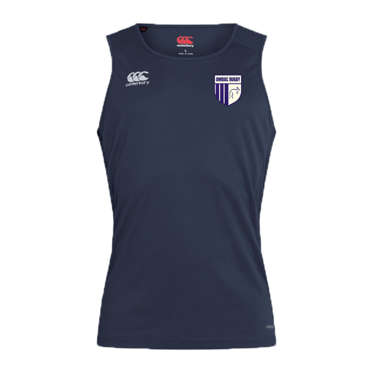 The OMBAC Rugby Club Dry Singlet by Canterbury is a navy blue sleeveless athletic gear featuring a white EMB Canterbury logo on the upper-left chest, a club crest on the upper-right chest, and enhanced with Vapodri Technology for optimal performance.