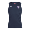 The OMBAC Rugby Club Dry Singlet by Canterbury is a navy blue sleeveless athletic gear featuring a white EMB Canterbury logo on the upper-left chest, a club crest on the upper-right chest, and enhanced with Vapodri Technology for optimal performance.