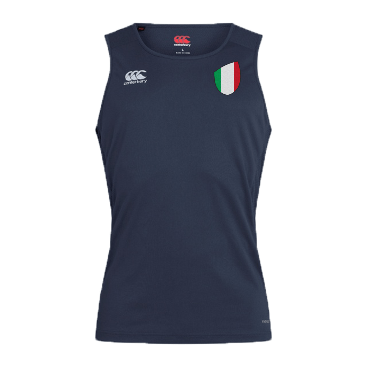 The Italy Shield Club Dry Singlet by EMB Canterbury is navy blue and sleeveless, featuring a small logo on the upper left and an Italian shield emblem on the upper right.