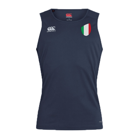 The Italy Shield Club Dry Singlet by EMB Canterbury is navy blue and sleeveless, featuring a small logo on the upper left and an Italian shield emblem on the upper right.