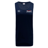 The EMB Canterbury USA Para Powerlifting Club Dry Singlet is a navy sleeveless athletic tank with Vapodri tech, featuring the Canterbury logo on the left chest and "USA Para Powerlifting" on the right chest.