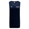 The EMB Canterbury USA Para Powerlifting Club Dry Singlet is a navy sleeveless athletic tank with Vapodri tech, featuring the Canterbury logo on the left chest and "USA Para Powerlifting" on the right chest.