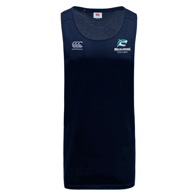 The NC Rugby Academy - Megalodons Club Dry Singlet by EMB Canterbury is a navy blue sports tank with Vapodri Technology and Megalodons logos—ideal athletic wear for peak performance.