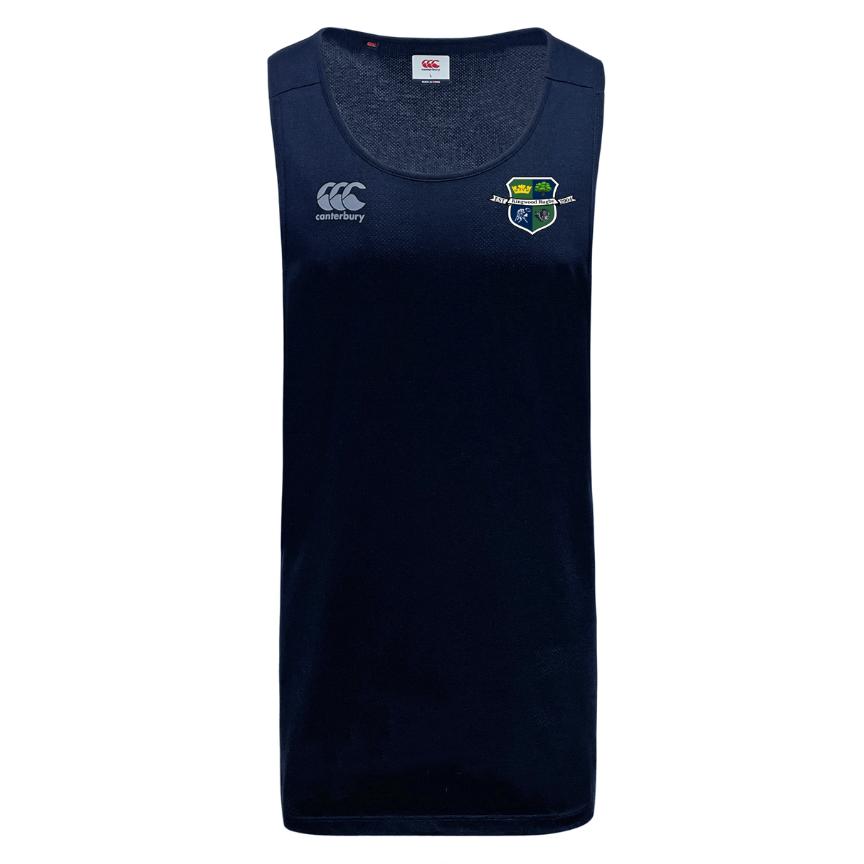 The Kingwood Rugby Club Dry Singlet by EMB Canterbury is a navy rugby tank top featuring the Kingwood Rugby crest—ideal athletic wear combining comfort and style.