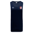 The Montgomery Bucks Griffins Club Dry Singlet by EMB Canterbury is a sleeveless navy top with Vapodri Technology, featuring the Canterbury logo on the right chest and a red/white lion crest on the left—ideal for peak athletic performance.