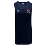 Introducing the SF CDME Rugby Club Dry Singlet by EMB Canterbury, a navy blue athletic tank top featuring the EMB Canterbury logo on the left chest and a red and white cross emblem on the right chest. This high-performance singlet is crafted with Vapodri Technology to keep you cool and comfortable during intense workouts.
