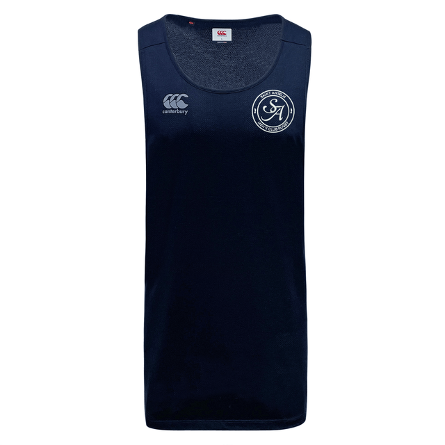 The Saint Anselm College Club Rugby Club Dry Singlet by EMB Canterbury is a navy sleeveless top featuring a white Canterbury logo and "SA" emblem—ideal for athletic gear fans.