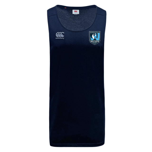 The Minneapolis Mayhem Rugby Club Dry Singlet by Canterbury is a sleeveless navy sports tank top featuring the Canterbury and Mayhem team logos on the chest. Crafted from premium athletic gear by EMB Canterbury, this singlet incorporates Vapodri Technology to keep you cool and comfortable during intense training sessions.