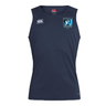The Minneapolis Mayhem Rugby Club Dry Singlet by Canterbury is a navy blue, sleeveless athletic shirt featuring the EMB Canterbury logo and the Minneapolis Mayhem Rugby crest on the chest—a perfect choice of athletic gear for dedicated players.