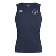 Navy New Saint Andrews College Club Dry Singlet by EMB Canterbury, sleeveless and designed with Vapodri Technology, featuring two white chest logos—a Canterbury logo on the right and a New Saint Andrews college crest on the left—perfect athletic gear for peak performance.