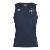 Navy New Saint Andrews College Club Dry Singlet by EMB Canterbury, sleeveless and designed with Vapodri Technology, featuring two white chest logos—a Canterbury logo on the right and a New Saint Andrews college crest on the left—perfect athletic gear for peak performance.