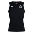 The Missoula All-Maggots Club Dry Singlet by EMB Canterbury is a sleeveless black athletic shirt featuring a white Canterbury logo on the right chest and a circular white emblem on the left chest, expertly crafted for superior athletic gear performance.