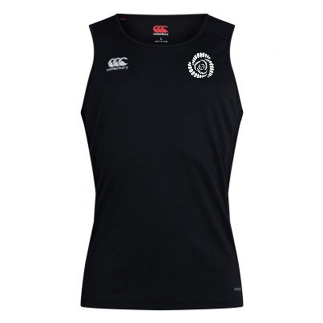 The Missoula All-Maggots Club Dry Singlet by EMB Canterbury is a sleeveless black athletic shirt featuring a white Canterbury logo on the right chest and a circular white emblem on the left chest, expertly crafted for superior athletic gear performance.