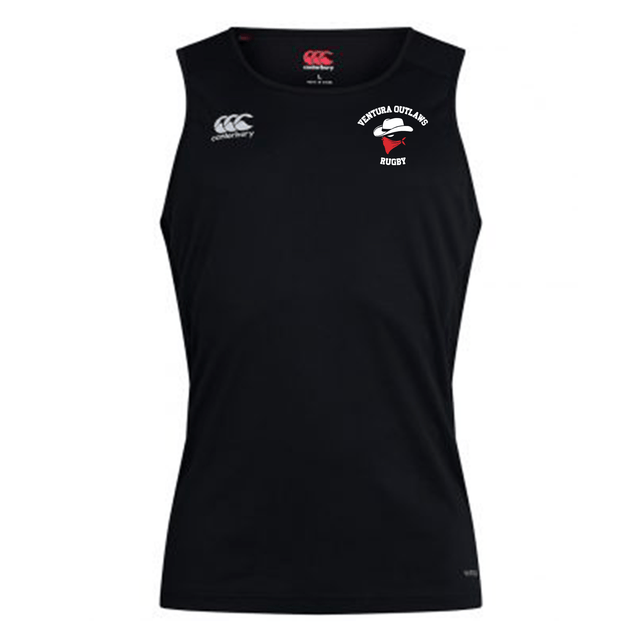 A black Ventura Outlaws Rugby Club Dry Singlet by EMB Canterbury, featuring a sleeveless design with the Canterbury logo and Ventura Outlaws Rugby logo on the chest, and Vapodri Technology for superior comfort.