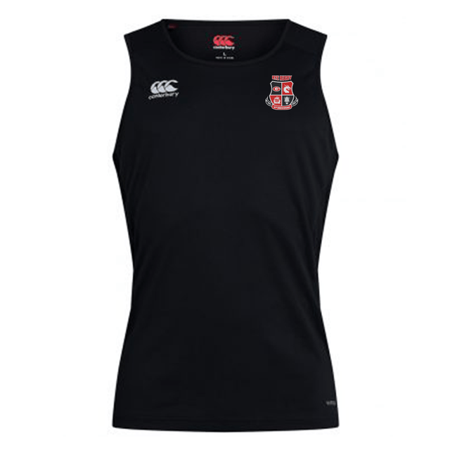 Introducing the Rye High School 10 Year Club Dry Singlet by EMB Canterbury: This black sleeveless athletic shirt showcases the iconic white Canterbury logo and a striking red and white shield emblem on the front. Engineered with Vapodri Technology, this singlet keeps you cool and comfortable during intense workouts.