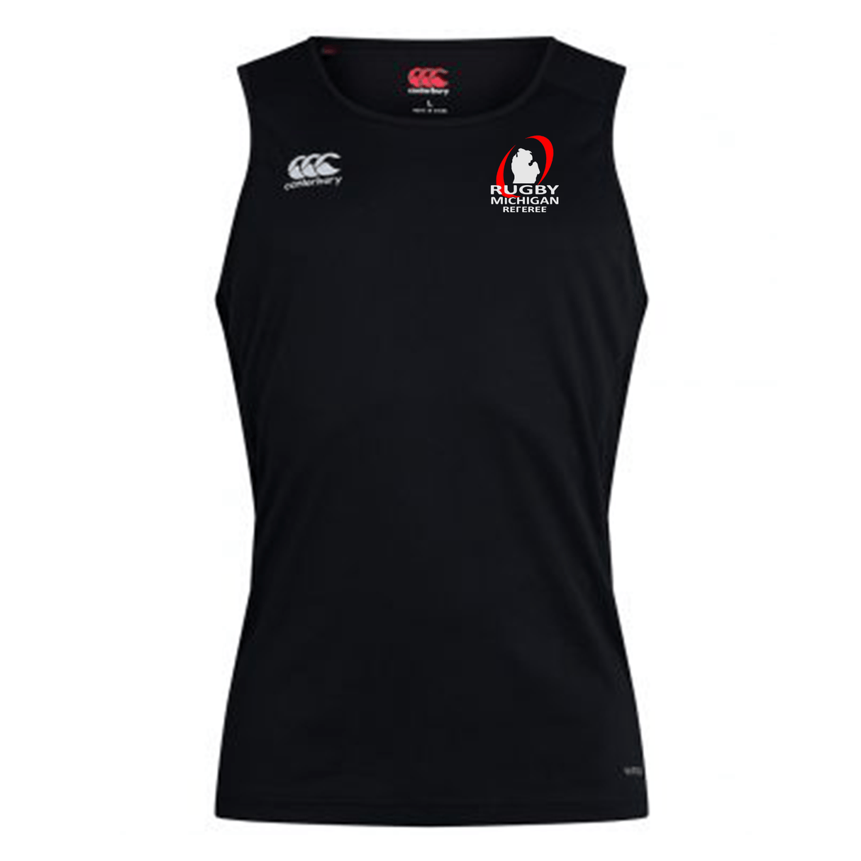 The Rugby Michigan Referee Society Club Dry Singlet by EMB Canterbury, a black sleeveless sports shirt, is designed with Vapodri Technology for exceptional comfort. It showcases the Canterbury logo on the right chest and the "Rugby Michigan" logo on the left, making it perfect athletic wear.