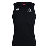 The Highlanders Rugby NC Club Dry Singlet by Canterbury in black is a sleeveless training shirt that incorporates Vapodri Technology. It features the Canterbury logo on the left shoulder and the "Highlanders Rugby" logo on the right chest. This athletic gear from EMB Canterbury is perfect for enhancing performance on and off the field.