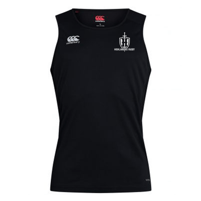 The Highlanders Rugby NC Club Dry Singlet by Canterbury in black is a sleeveless training shirt that incorporates Vapodri Technology. It features the Canterbury logo on the left shoulder and the "Highlanders Rugby" logo on the right chest. This athletic gear from EMB Canterbury is perfect for enhancing performance on and off the field.