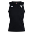 Black sleeveless sports shirt displaying white logos on the chest, including a rugby team emblem and a manufacturer's symbol. This EMB Canterbury De La Salle Club Dry Singlet, crafted with Vapodri Technology, ensures optimal comfort and performance for athletic gear enthusiasts.