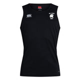 Black sleeveless sports shirt displaying white logos on the chest, including a rugby team emblem and a manufacturer's symbol. This EMB Canterbury De La Salle Club Dry Singlet, crafted with Vapodri Technology, ensures optimal comfort and performance for athletic gear enthusiasts.