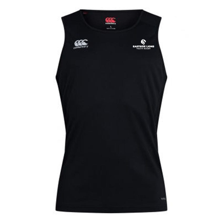 The Eastside Lions Club Dry Singlet by EMB Canterbury is a black sleeveless sports jersey that showcases the Canterbury logo on the front and "Eastside Lions Youth Rugby" on the upper left. It features Vapodri Technology for enhanced comfort and performance, making it a standout piece from the Canterbury Club Dry Singlet collection.