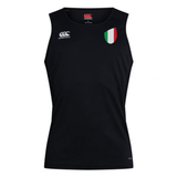 The EMB Canterbury Italy Shield Club Dry Singlet in black has a sleeveless style, showcasing the Canterbury logo on the upper right and an Italian flag emblem on the upper left, embodying Italy's sporty elegance.