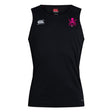 The SUNY Maritime Club Dry Singlet by EMB Canterbury is a black, sleeveless athletic top adorned with the iconic Canterbury logo on the right shoulder and a pink skull emblem on the left chest. This gear is equipped with Vapodri Technology to ensure you stay cool and comfortable.