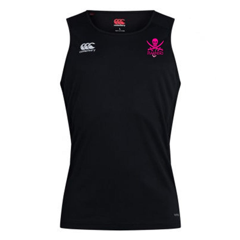 The SUNY Maritime Club Dry Singlet by EMB Canterbury is a black, sleeveless athletic top adorned with the iconic Canterbury logo on the right shoulder and a pink skull emblem on the left chest. This gear is equipped with Vapodri Technology to ensure you stay cool and comfortable.
