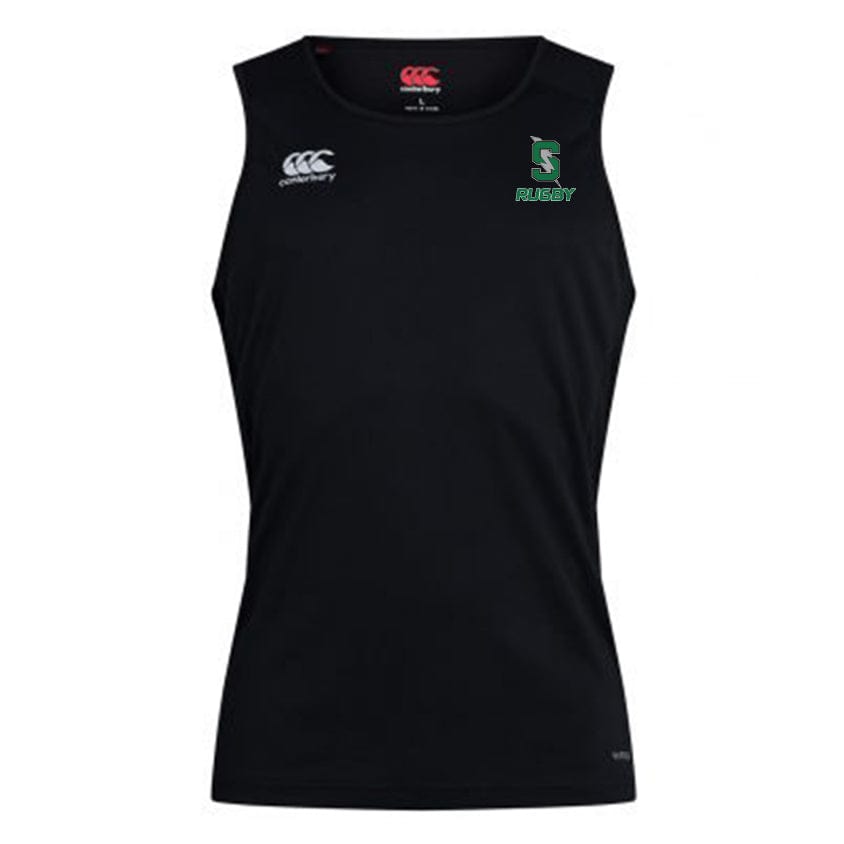 The Summit Rugby Club Dry Singlet by EMB Canterbury is a black sleeveless athletic shirt featuring "Rugby" and a logo on the front. This singlet showcases Canterbury branding and Vapodri Technology to keep you cool and comfortable, making it the perfect athletic gear for any sport.