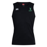 The Summit Rugby Club Dry Singlet by EMB Canterbury is a black sleeveless athletic shirt featuring "Rugby" and a logo on the front. This singlet showcases Canterbury branding and Vapodri Technology to keep you cool and comfortable, making it the perfect athletic gear for any sport.