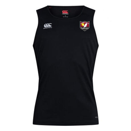 The Virginia Beach RFC Club Dry Singlet by EMB Canterbury is a black athletic tank top featuring a white logo on the right shoulder, a red and white crest on the left chest, and a small brand logo near the bottom. Utilizing Vapodri Technology, this singlet ensures you stay comfortable during your workout sessions.