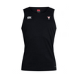 The EMB Canterbury Superior Rugby Club Club Dry Singlet is a sleeveless black athletic shirt with Vapodri Technology and two white chest logos, shown on a plain background—perfect for peak performance.